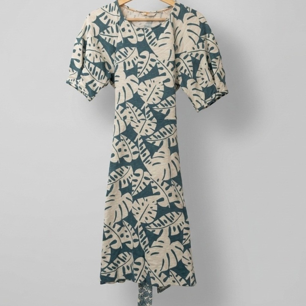 Boden Womens Blue White Monstera Leaf 100% Cotton Jersey Dress Pockets Belted 8
